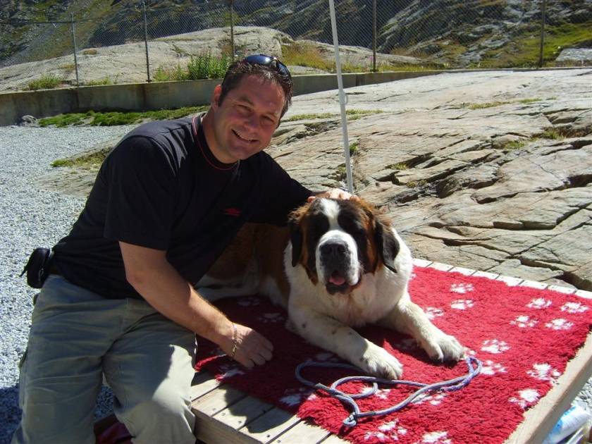 David with one of the St Bernards at the top of the pass